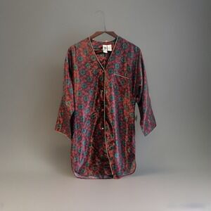 Vtg Vanity Fair Slip Top Button Front Satin‎ Sleep Shirt 3/4 Sleeve SM Oriental